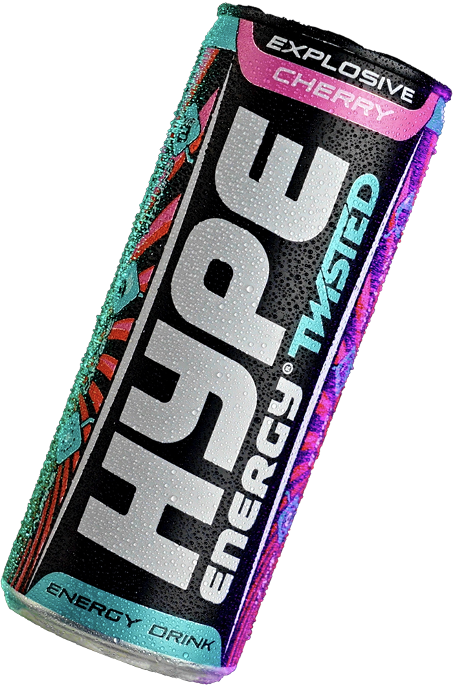 The image showcases a can of Hype Energy Twisted Cherry Punch, an energy drink with bold, vibrant colors and an "Explosive Cherry" flavor. The can's design is dynamic, aligning with the product's promise of an energetic, flavorful punch.