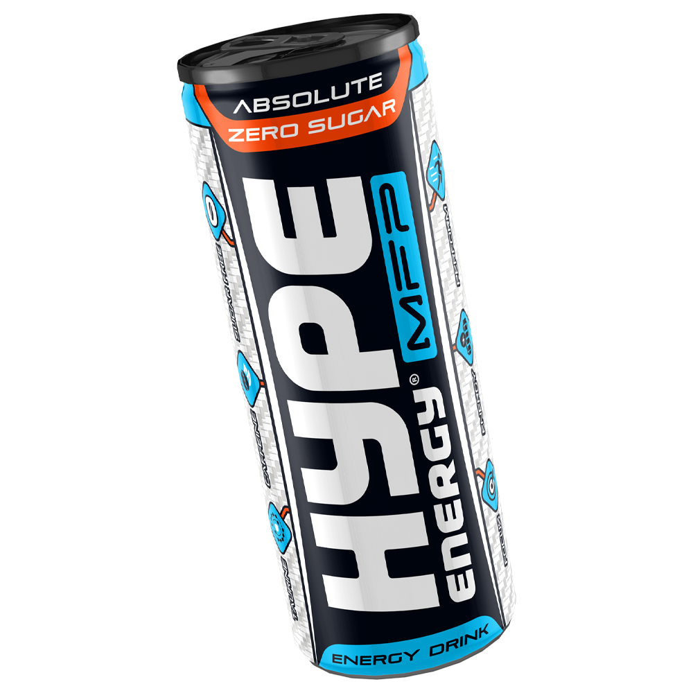 Can of Hype Energy MFP with 'Absolute Zero Sugar' labeled prominently. The design features dynamic blue, white, and orange graphics, highlighting its energy-boosting capabilities.