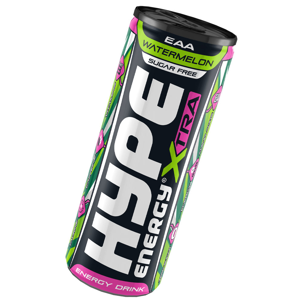 Single can of Hype Energy XTRA Watermelon, a sugar-free energy drink featuring Essential Amino Acids (EAA) and vibrant pink and green accents on a sleek black can.