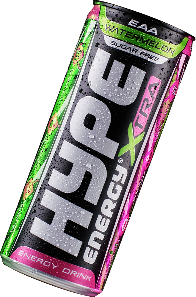 An image of a Hype XTRA Watermelon Drink, featuring a sleek can design with vibrant green and pink colors. The label highlights its key features, including EAA (essential amino acids) and being sugar-free, emphasizing its energizing watermelon flavor.
