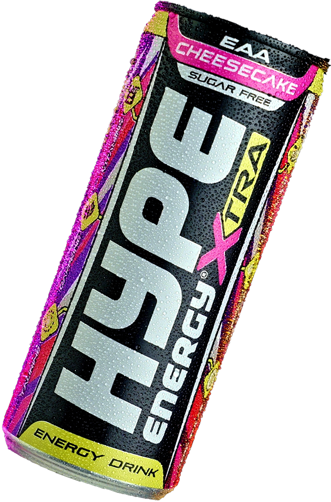 The image shows a can of Hype XTRA Cheesecake a sugar-free energy drink featuring essential amino acids (EAA) and cheesecake flavor. The sleek design promotes energy-boosting properties with added vitamins for peak performance.