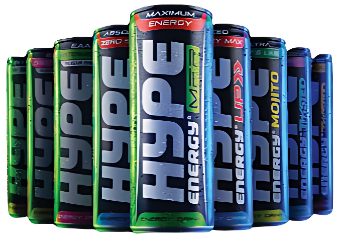 Array of Hype Energy Up drinks showcasing various flavors with colorful labels, each prominently featuring the Hype Energy logo and labeled for maximum energy, including options like 'Zero', 'Mojito', and 'Red Berry'.