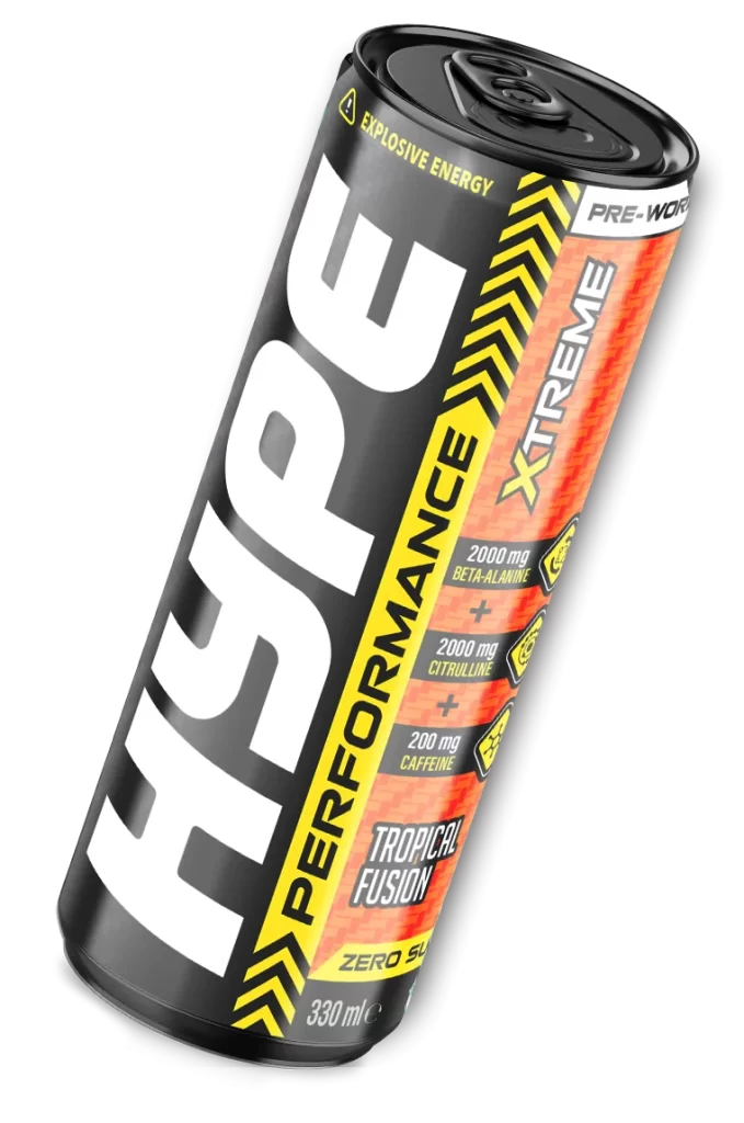 A can of Hype Pre-Workout drink in 'Tropical Fusion' flavor, showcasing vibrant yellow and orange design elements with key ingredients like caffeine, beta-alanine, and citrulline listed, emphasizing its explosive energy boost and zero sugar content.