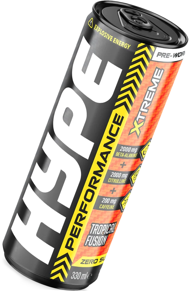 A can of Hype Pre-Workout drink in 'Tropical Fusion' flavor, showcasing vibrant yellow and orange design elements with key ingredients like caffeine, beta-alanine, and citrulline listed, emphasizing its explosive energy boost and zero sugar content.