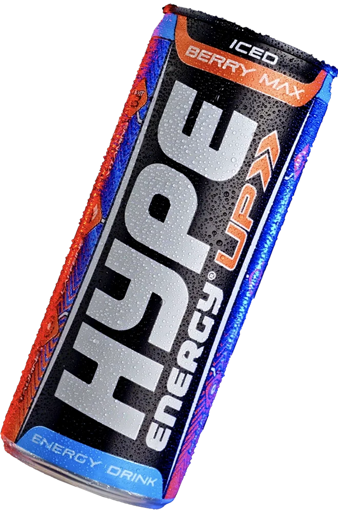 The image shows a can of Hype Energy UP Berry Max an iced energy drink with vibrant colors and a bold design, emphasizing its berry flavor and performance-enhancing benefits.
